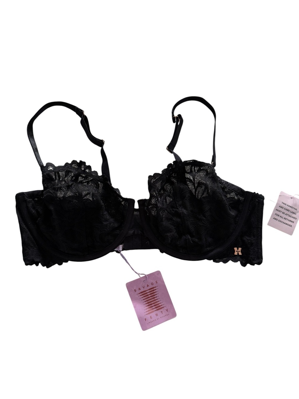 Savage X Fenty Black Floral Lace Demi Bra 38DD Scalloped Mesh Underwire Lingerie